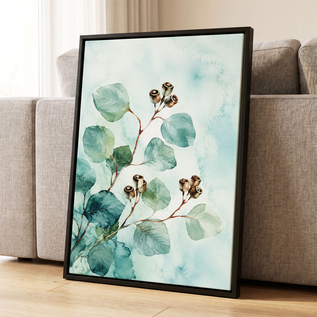 Seafoam Branches, green, blue, brown nature wall art displayed in a styled interior, gallery view 8