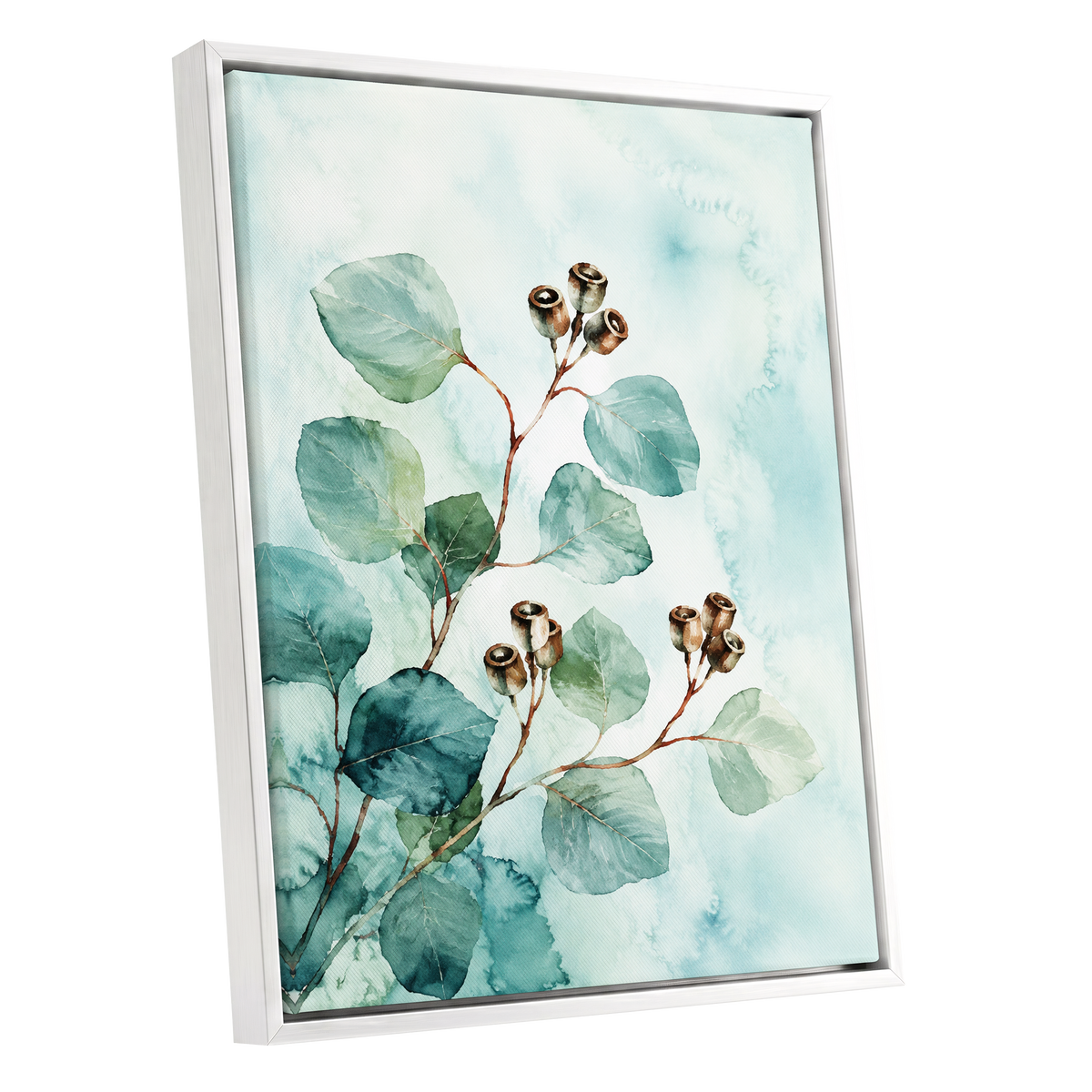 Seafoam Branches, green, blue, brown nature wall art shown as a white framed canvas wall art