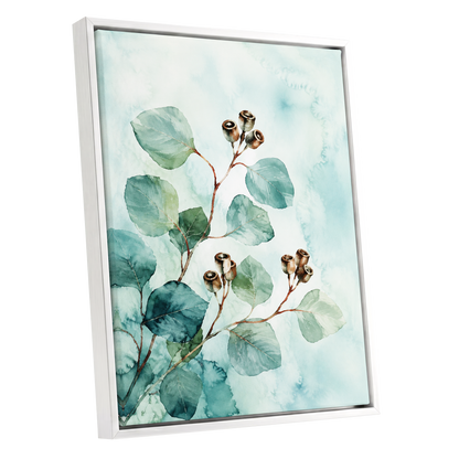 Seafoam Branches, green, blue, brown nature wall art shown as a white framed canvas wall art
