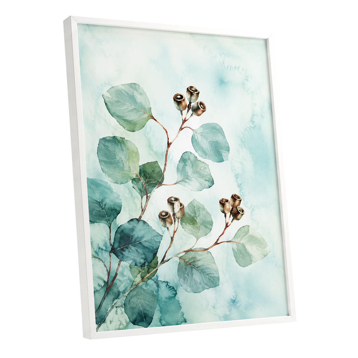 Seafoam Branches, green, blue, brown nature wall art shown as a white framed poster wall art print