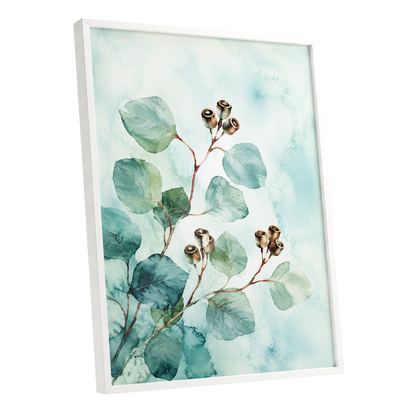 Seafoam Branches, green, blue, brown nature wall art shown as a white framed poster wall art print