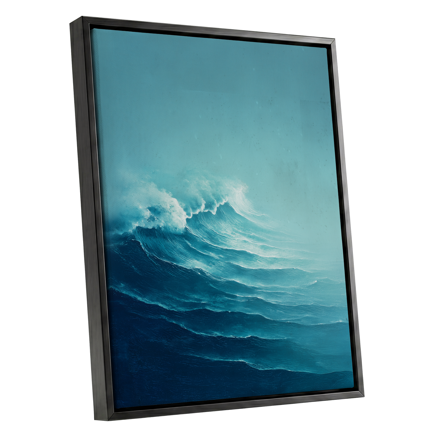 Seafoam Rising, blue, green, white nature wall art shown as a black framed canvas wall art