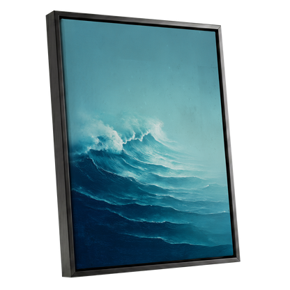 Seafoam Rising, blue, green, white nature wall art shown as a black framed canvas wall art