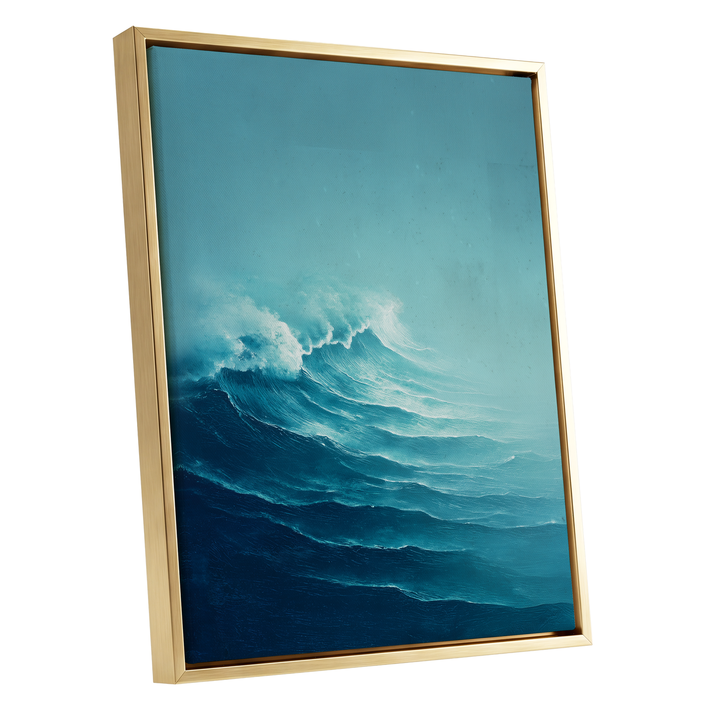 Seafoam Rising, blue, green, white nature wall art shown as a gold framed canvas wall art