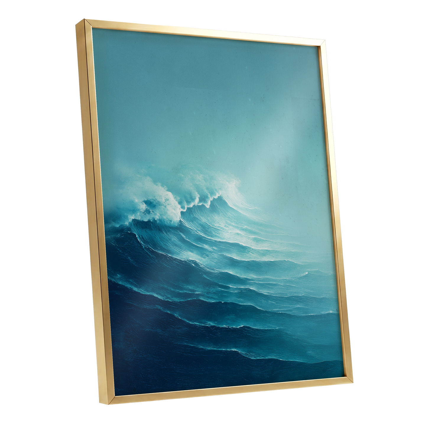 Seafoam Rising, blue, green, white nature wall art shown as a gold framed poster wall art print