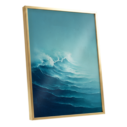 Seafoam Rising, blue, green, white nature wall art shown as a gold framed poster wall art print