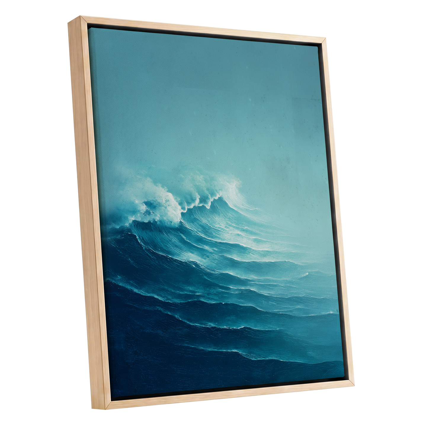 Seafoam Rising, blue, green, white nature wall art shown as a oak framed canvas wall art