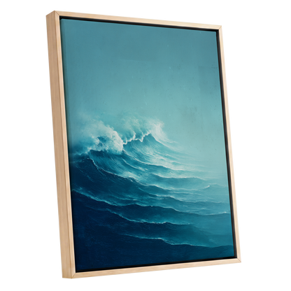 Seafoam Rising, blue, green, white nature wall art shown as a oak framed canvas wall art