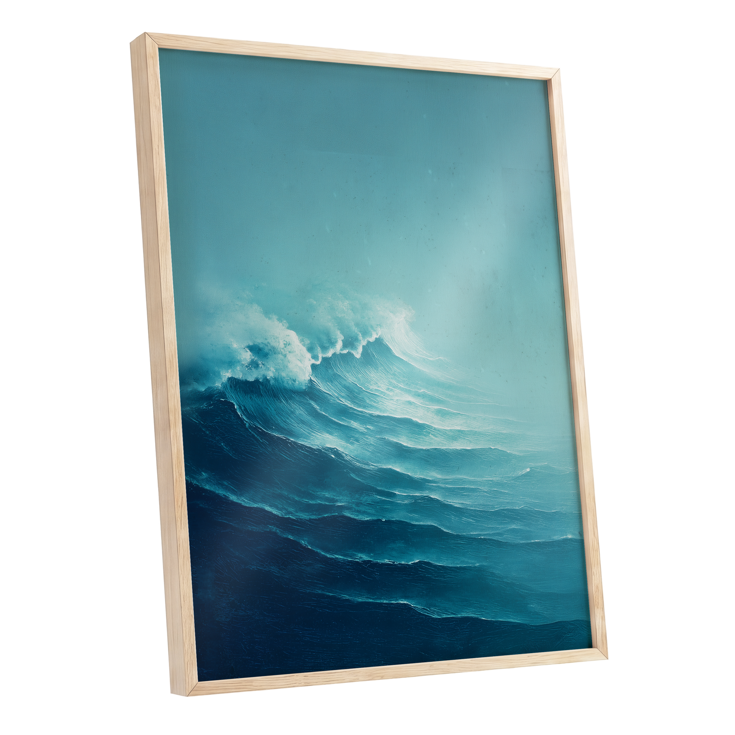 Seafoam Rising, blue, green, white nature wall art shown as a oak framed poster wall art print