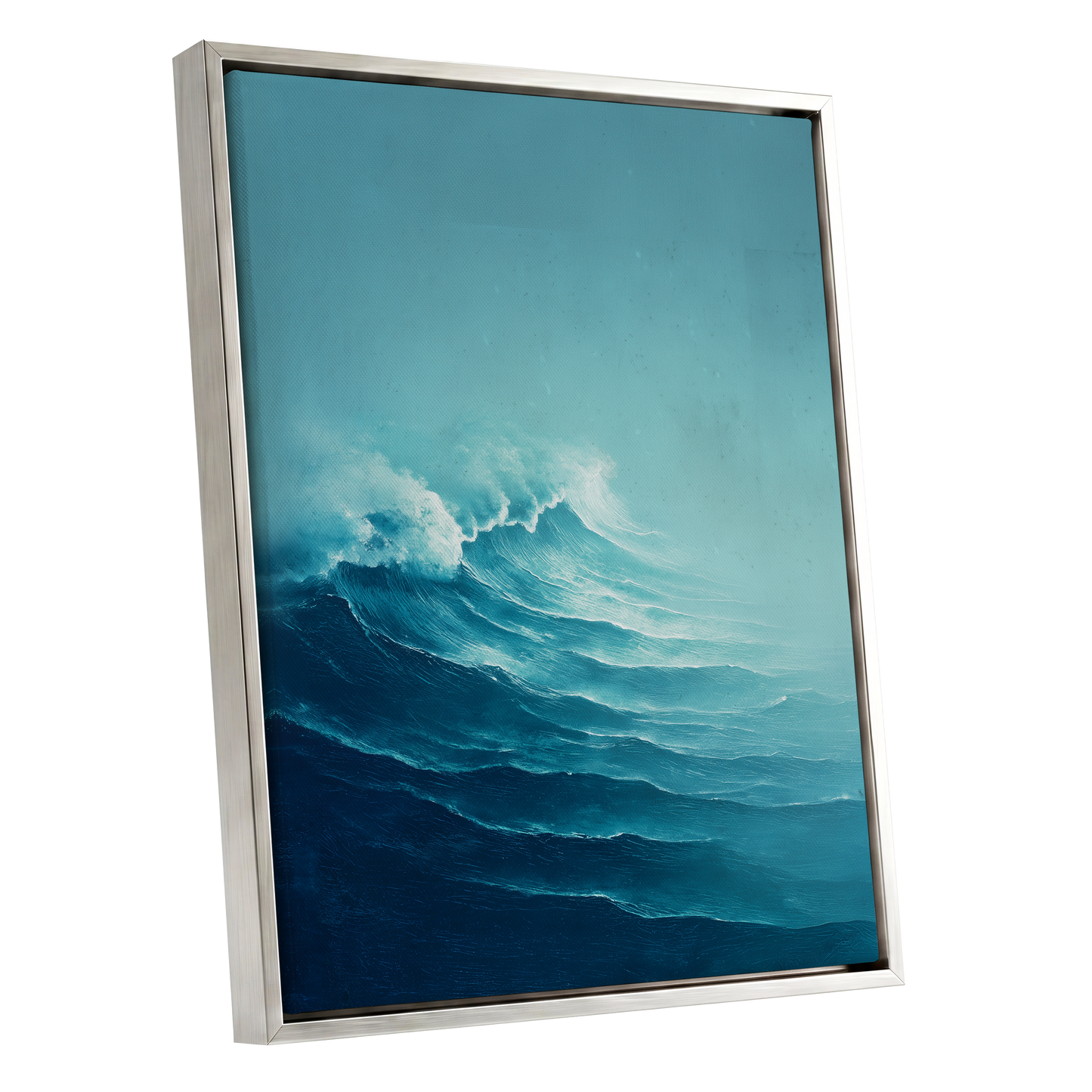 Seafoam Rising, blue, green, white nature wall art shown as a silver framed canvas wall art