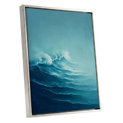 Seafoam Rising, blue, green, white nature wall art shown as a silver framed canvas wall art