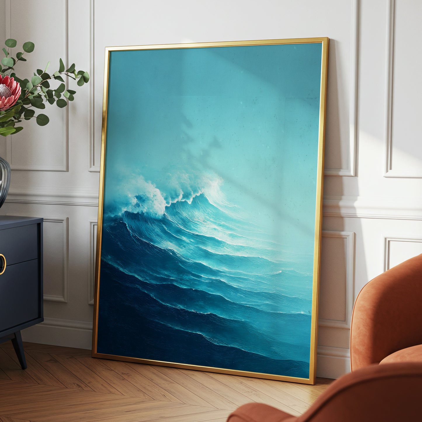 Seafoam Rising, blue, green, white nature wall art displayed in a styled interior, gallery view 2