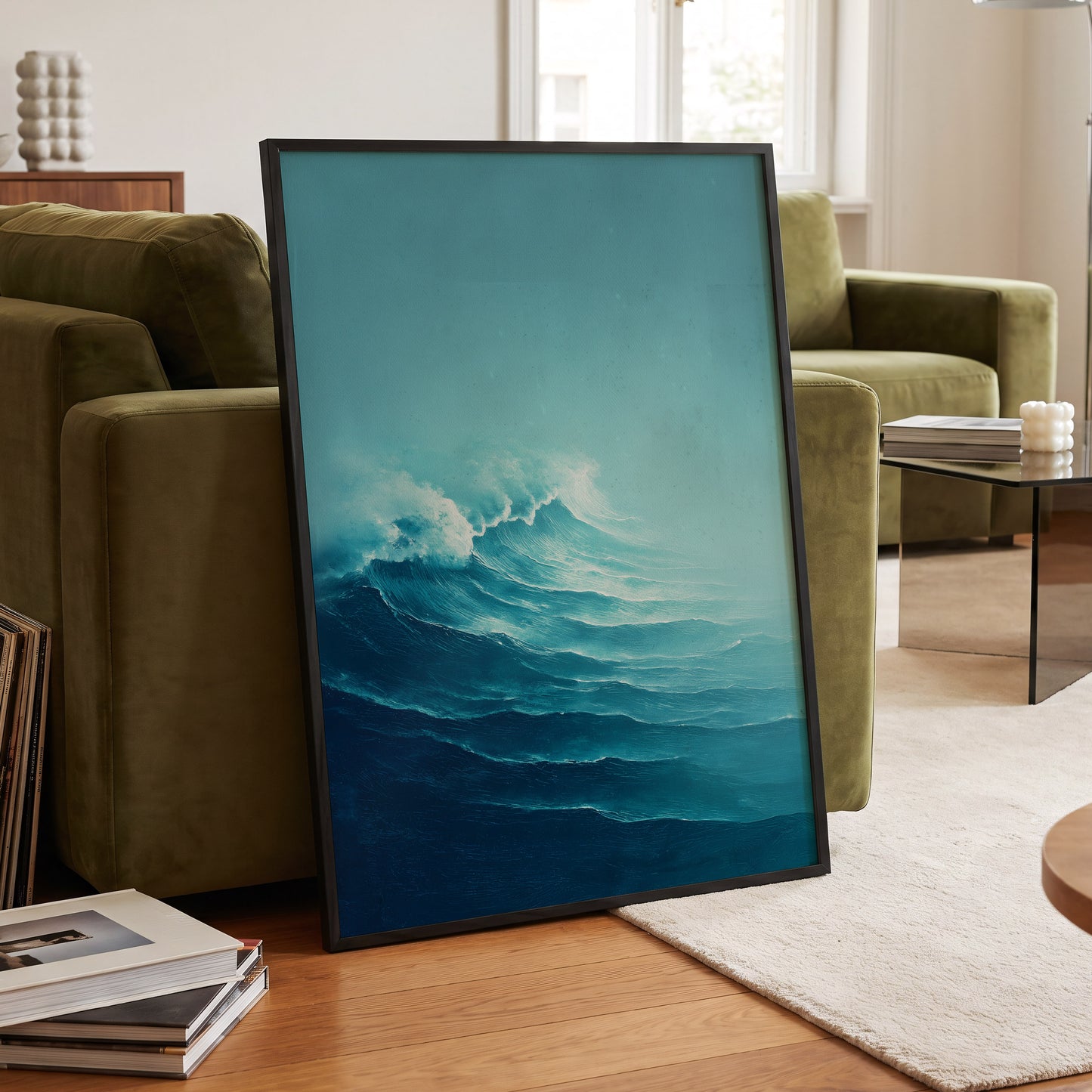 Seafoam Rising, blue, green, white nature wall art displayed in a styled interior, gallery view 9