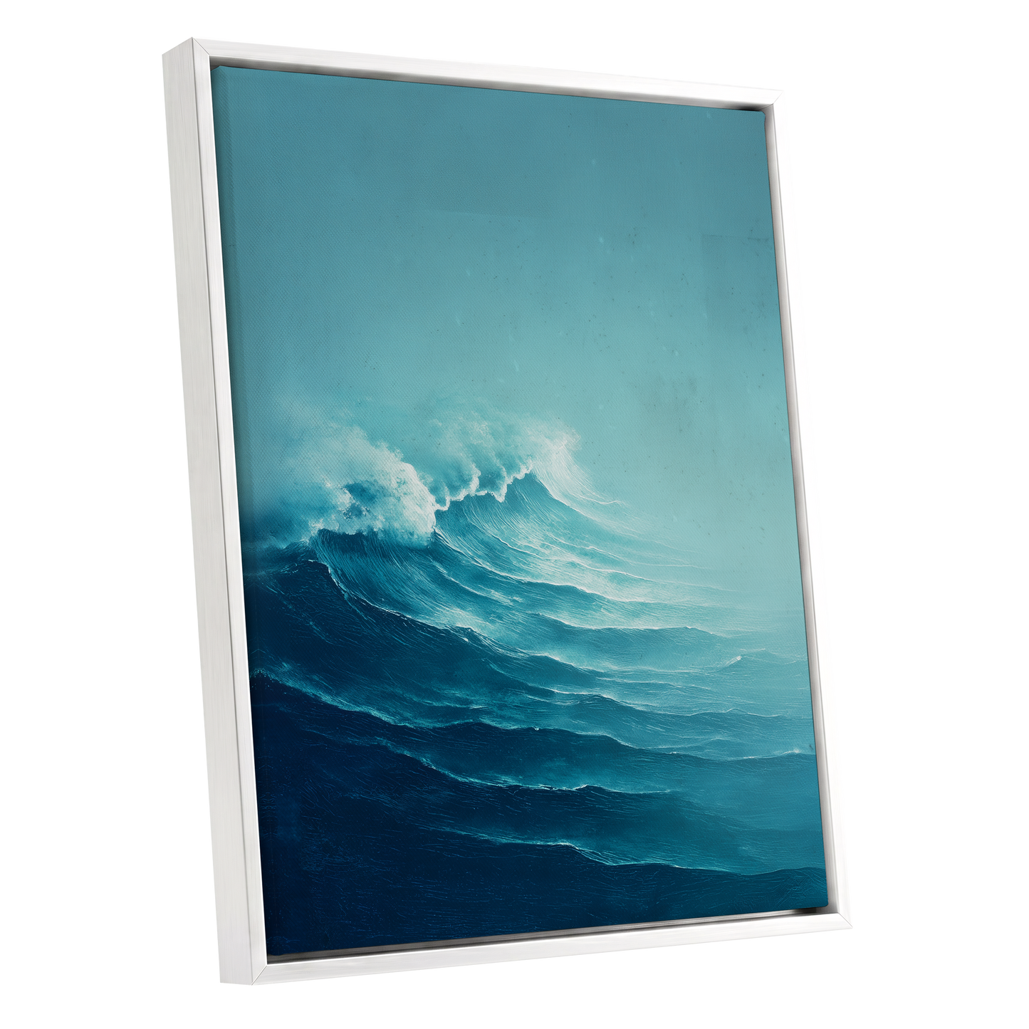 Seafoam Rising, blue, green, white nature wall art shown as a white framed canvas wall art