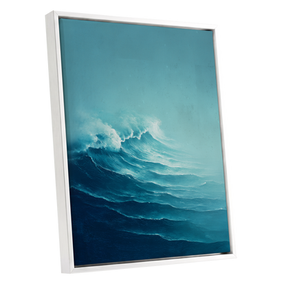 Seafoam Rising, blue, green, white nature wall art shown as a white framed canvas wall art