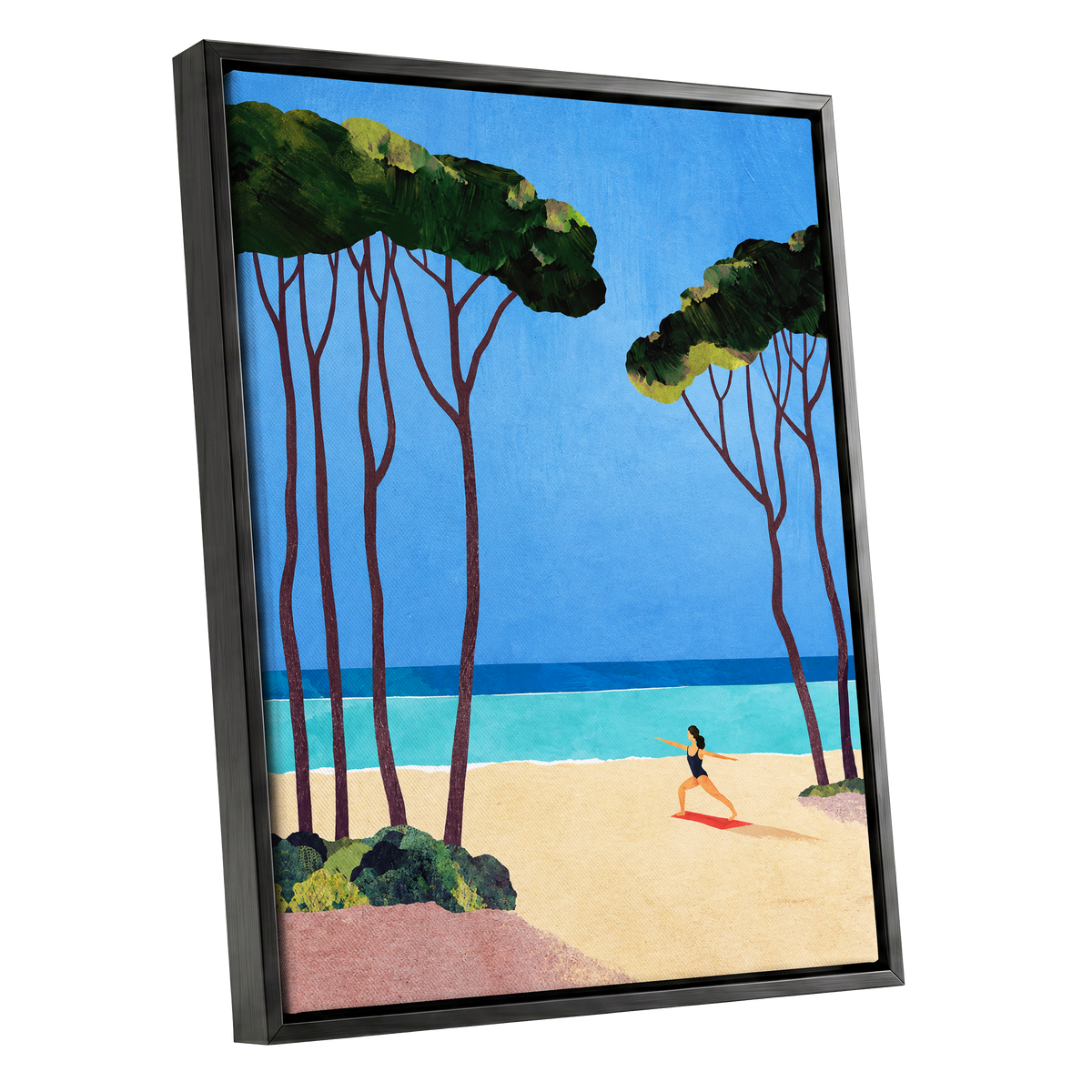 Seaside Poise, blue, green, beige nature wall art shown as a black framed canvas wall art
