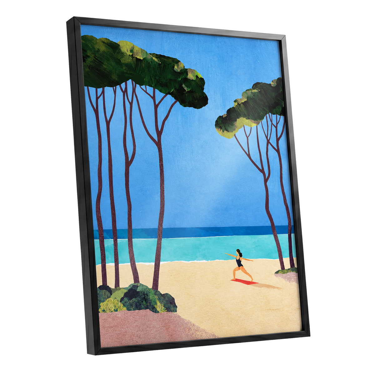 Seaside Poise, blue, green, beige nature wall art shown as a black framed poster wall art print