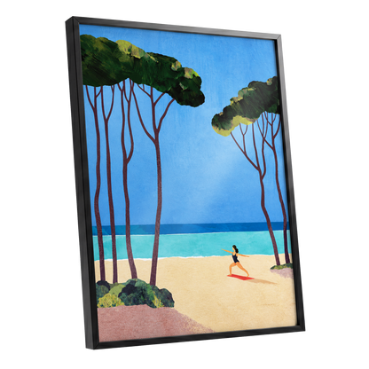 Seaside Poise, blue, green, beige nature wall art shown as a black framed poster wall art print
