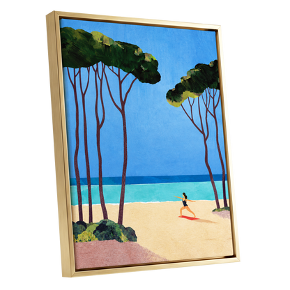 Seaside Poise, blue, green, beige nature wall art shown as a gold framed canvas wall art