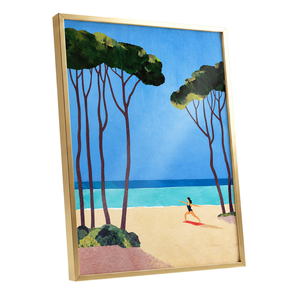 Seaside Poise, blue, green, beige nature wall art shown as a gold framed poster wall art print