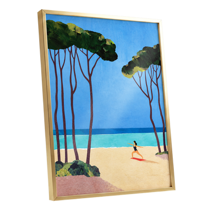 Seaside Poise, blue, green, beige nature wall art shown as a gold framed poster wall art print