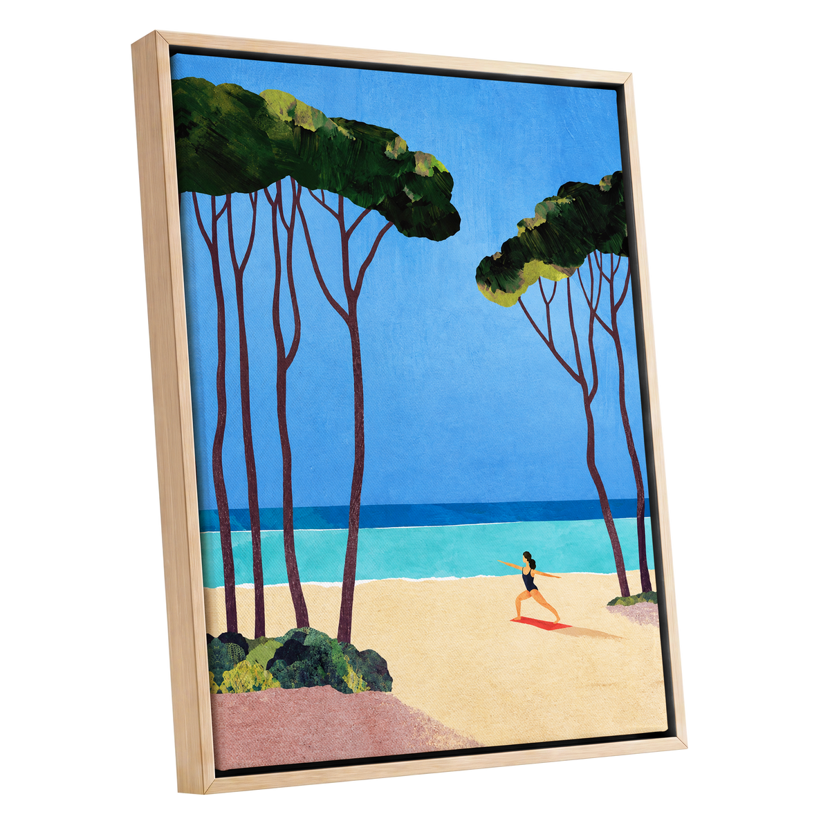 Seaside Poise, blue, green, beige nature wall art shown as a oak framed canvas wall art