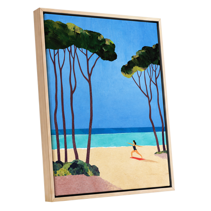 Seaside Poise, blue, green, beige nature wall art shown as a oak framed canvas wall art
