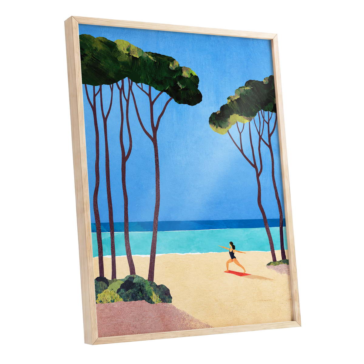 Seaside Poise, blue, green, beige nature wall art shown as a oak framed poster wall art print