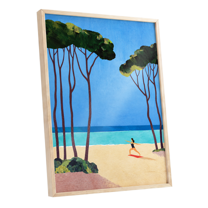 Seaside Poise, blue, green, beige nature wall art shown as a oak framed poster wall art print