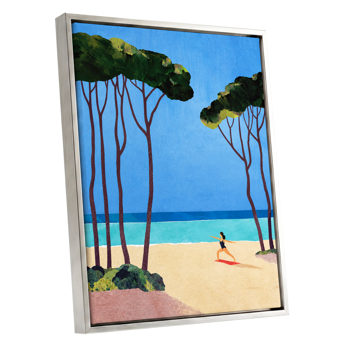 Seaside Poise, blue, green, beige nature wall art shown as a silver framed canvas wall art