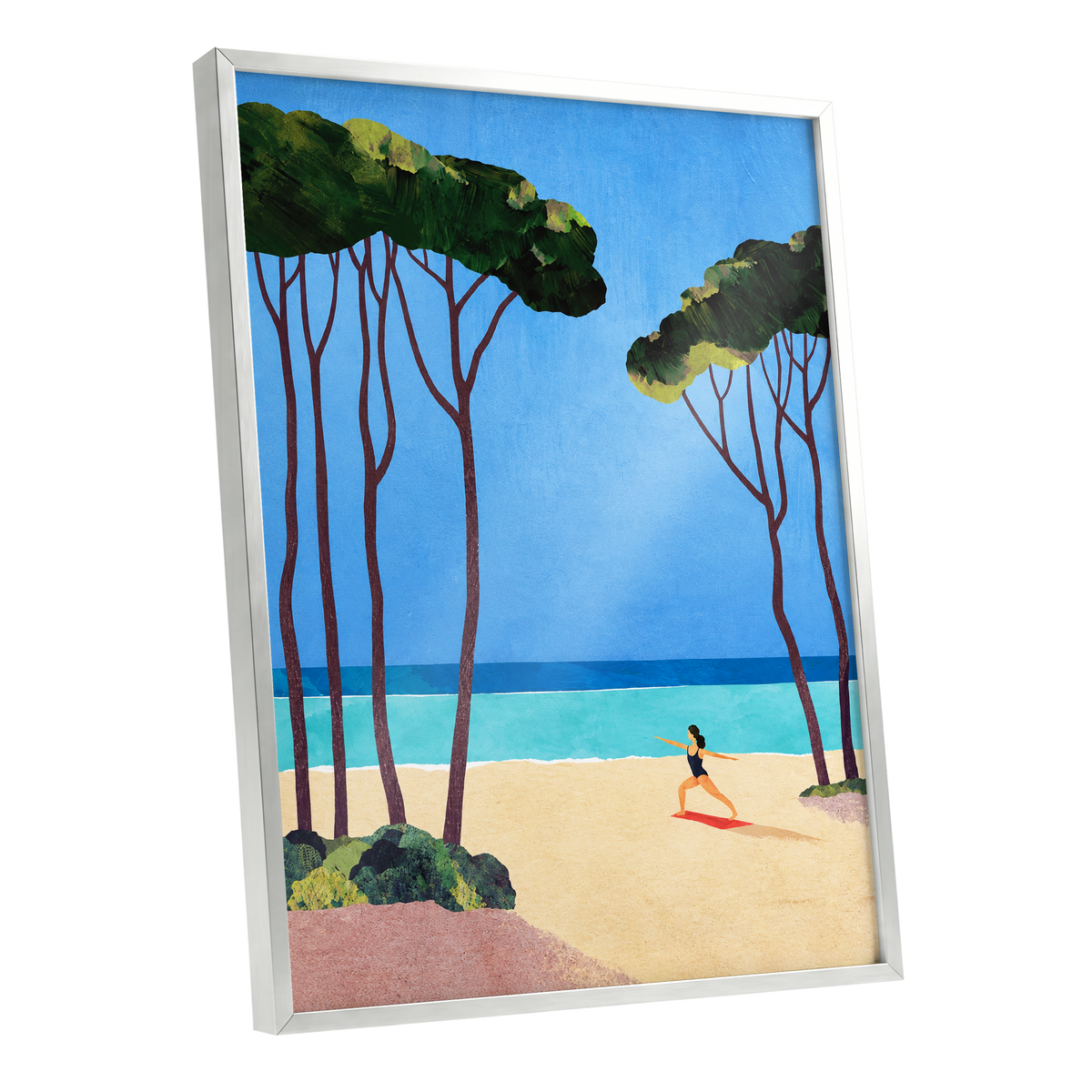 Seaside Poise, blue, green, beige nature wall art shown as a silver framed poster wall art print