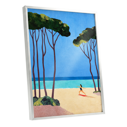 Seaside Poise, blue, green, beige nature wall art shown as a silver framed poster wall art print