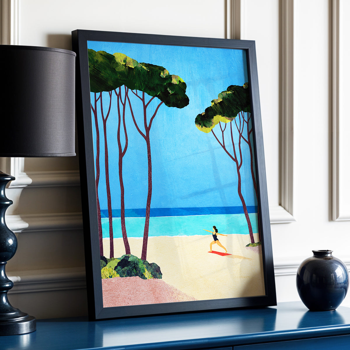 Seaside Poise, blue, green, beige nature wall art displayed in a styled interior, gallery view 2