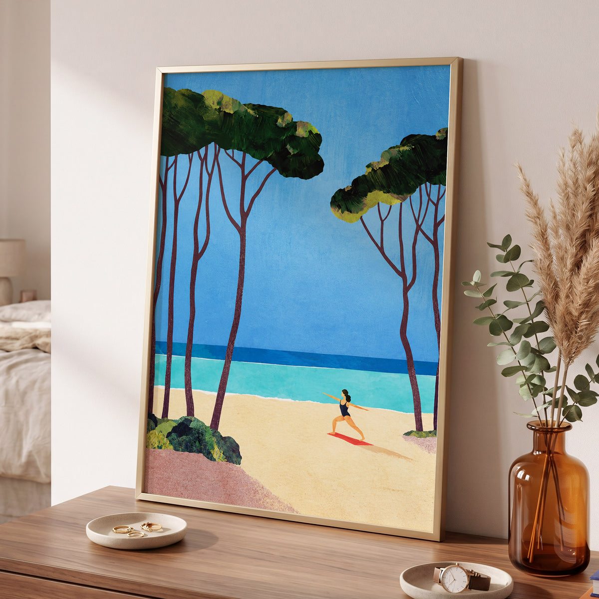 Seaside Poise, blue, green, beige nature wall art displayed in a styled interior, gallery view 9