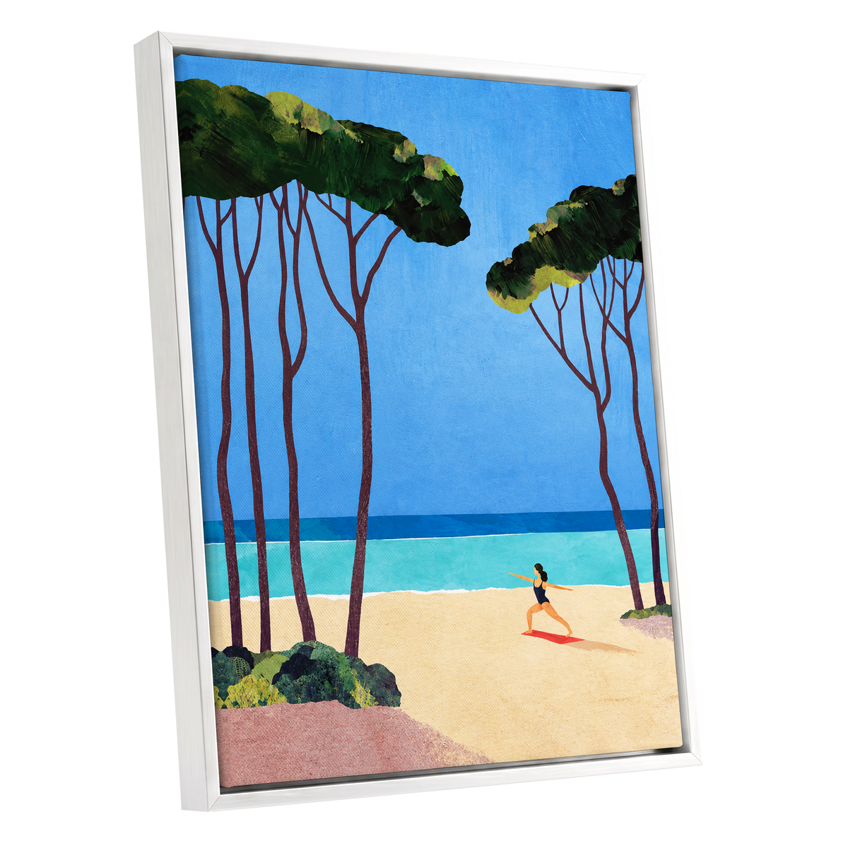 Seaside Poise, blue, green, beige nature wall art shown as a white framed canvas wall art