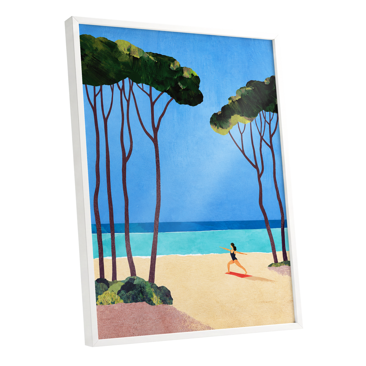 Seaside Poise, blue, green, beige nature wall art shown as a white framed poster wall art print