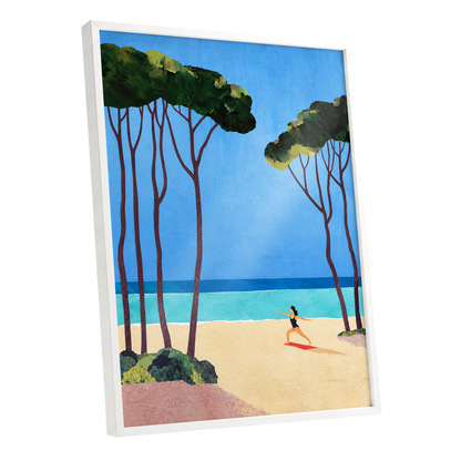 Seaside Poise, blue, green, beige nature wall art shown as a white framed poster wall art print