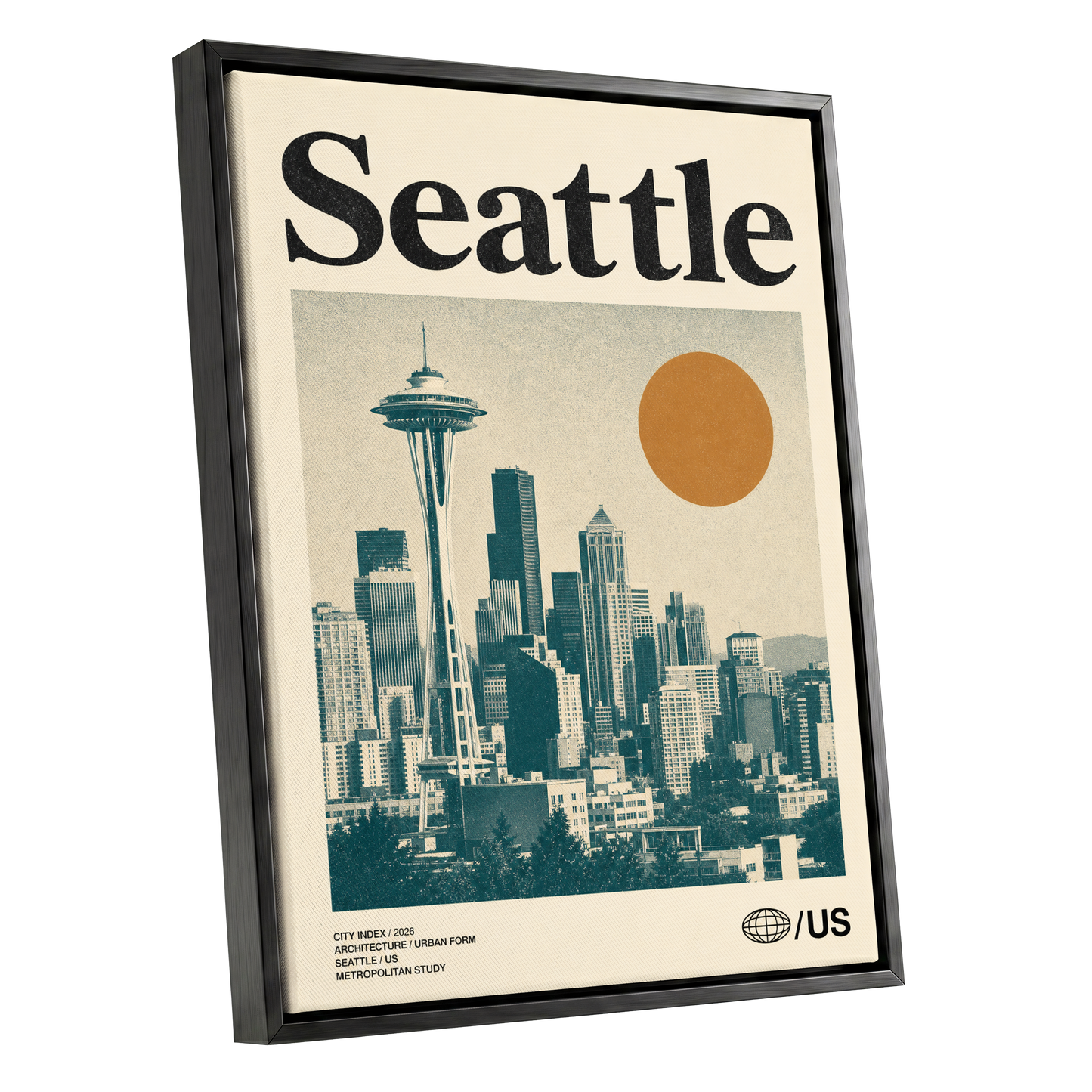 Seattle Sun Study, beige, green, gold minimalist wall art shown as a black framed canvas wall art