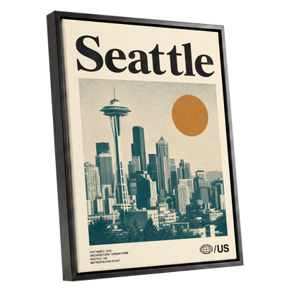 Seattle Sun Study, beige, green, gold minimalist wall art shown as a black framed canvas wall art