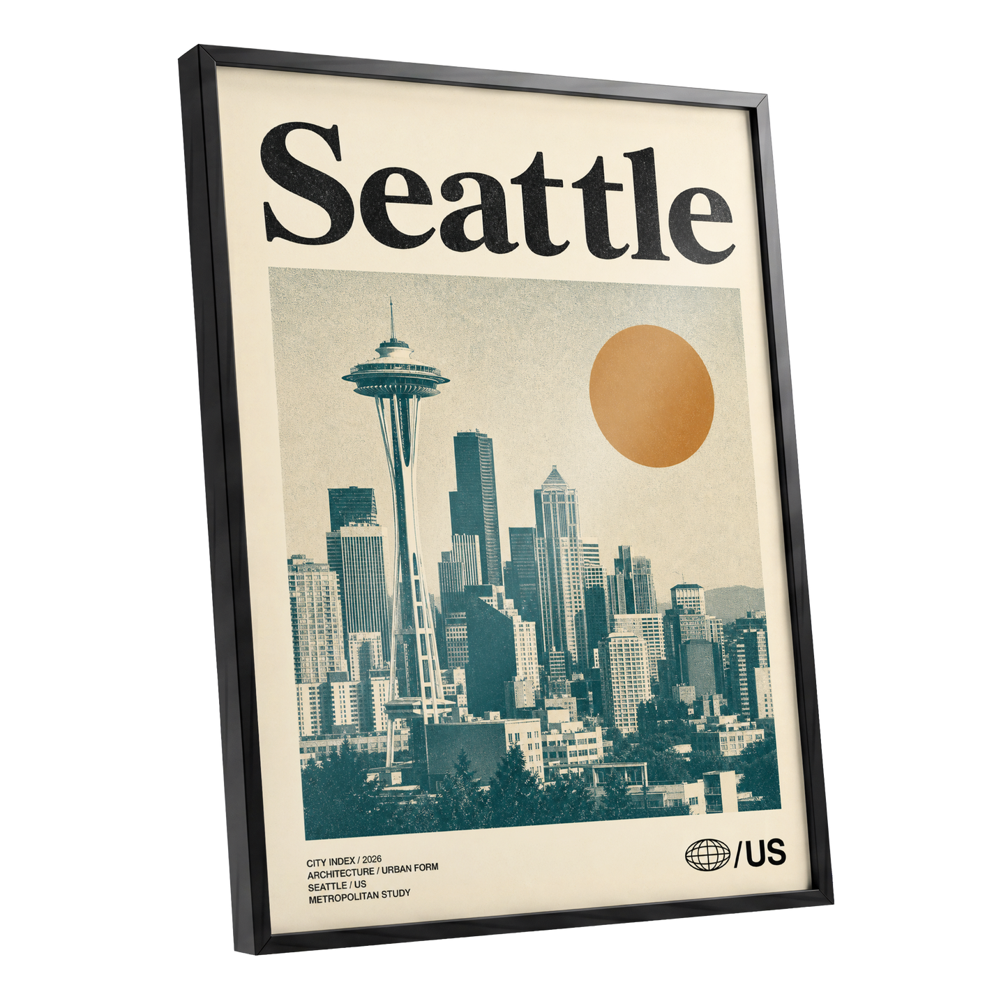 Seattle Sun Study, beige, green, gold minimalist wall art shown as a black framed poster wall art print