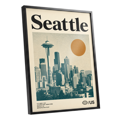 Seattle Sun Study, beige, green, gold minimalist wall art shown as a black framed poster wall art print