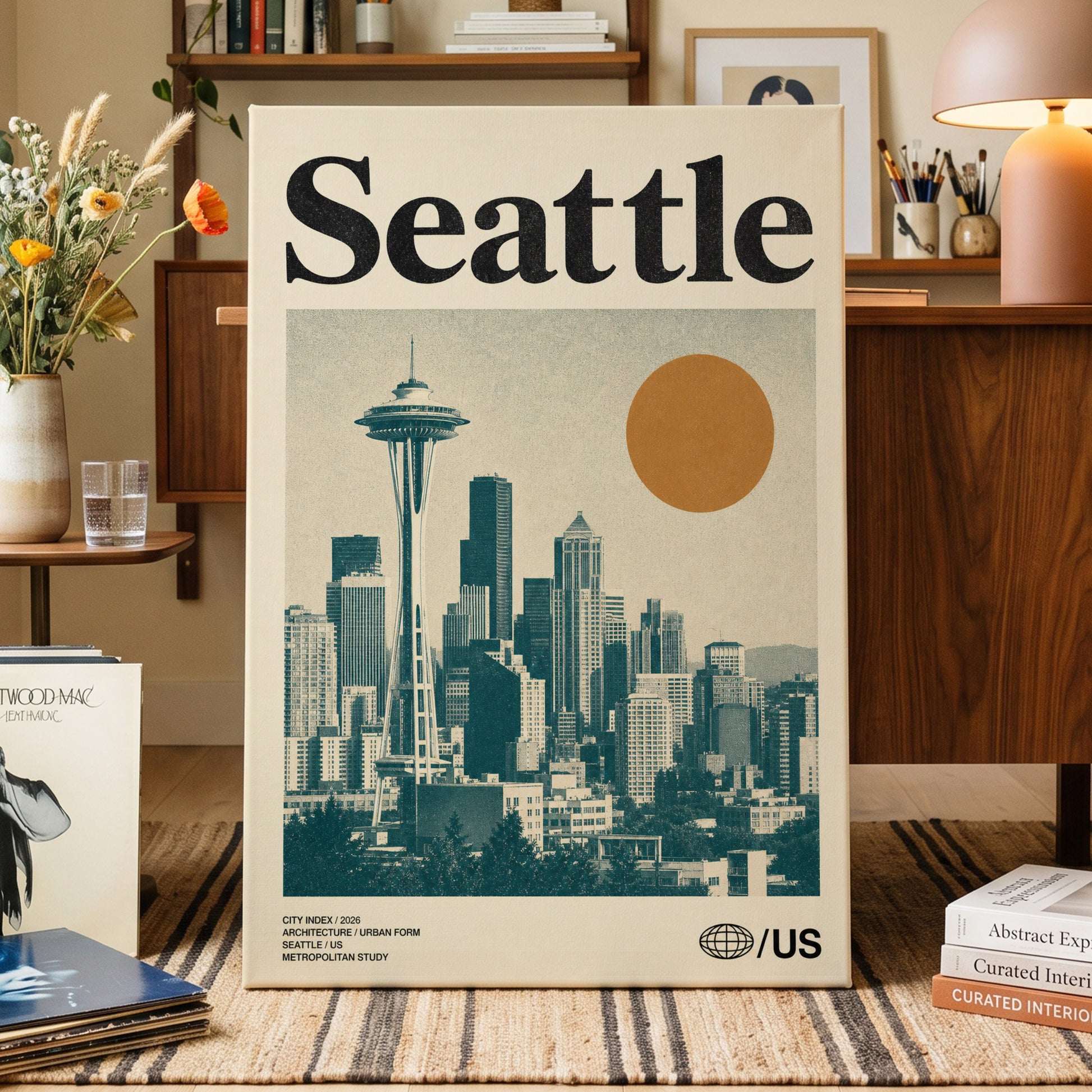 Seattle Sun Study, beige, green, gold minimalist wall art on canvas displayed in a styled interior, gallery view 1