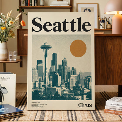 Seattle Sun Study, beige, green, gold minimalist wall art on canvas displayed in a styled interior, gallery view 1