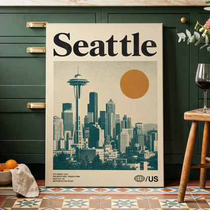 Seattle Sun Study, beige, green, gold minimalist wall art on canvas displayed in a styled interior, gallery view 2