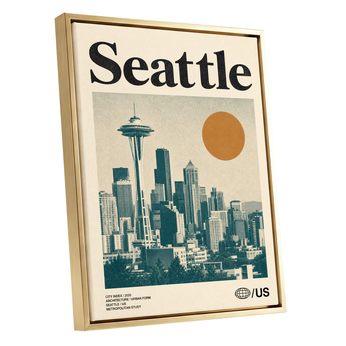 Seattle Sun Study, beige, green, gold minimalist wall art shown as a gold framed canvas wall art