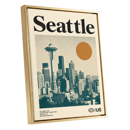 Seattle Sun Study, beige, green, gold minimalist wall art shown as a gold framed canvas wall art