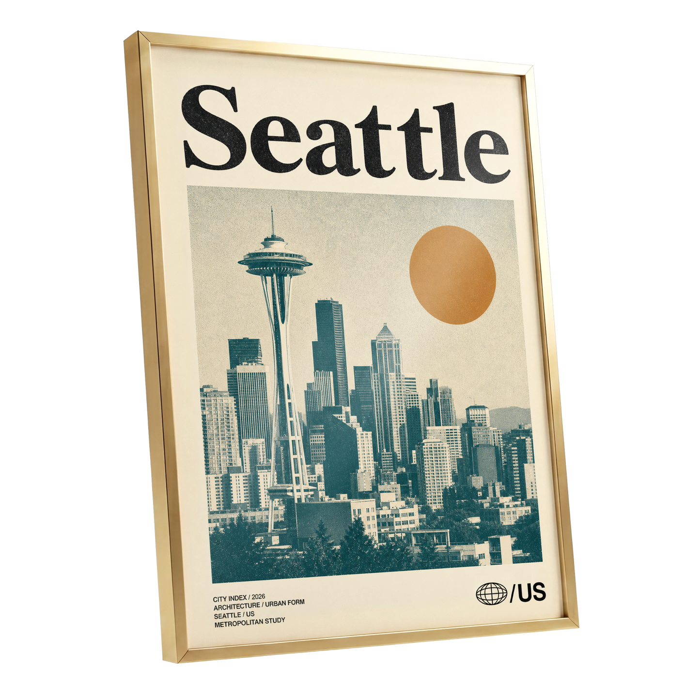 Seattle Sun Study, beige, green, gold minimalist wall art shown as a gold framed poster wall art print