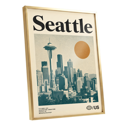 Seattle Sun Study, beige, green, gold minimalist wall art shown as a gold framed poster wall art print