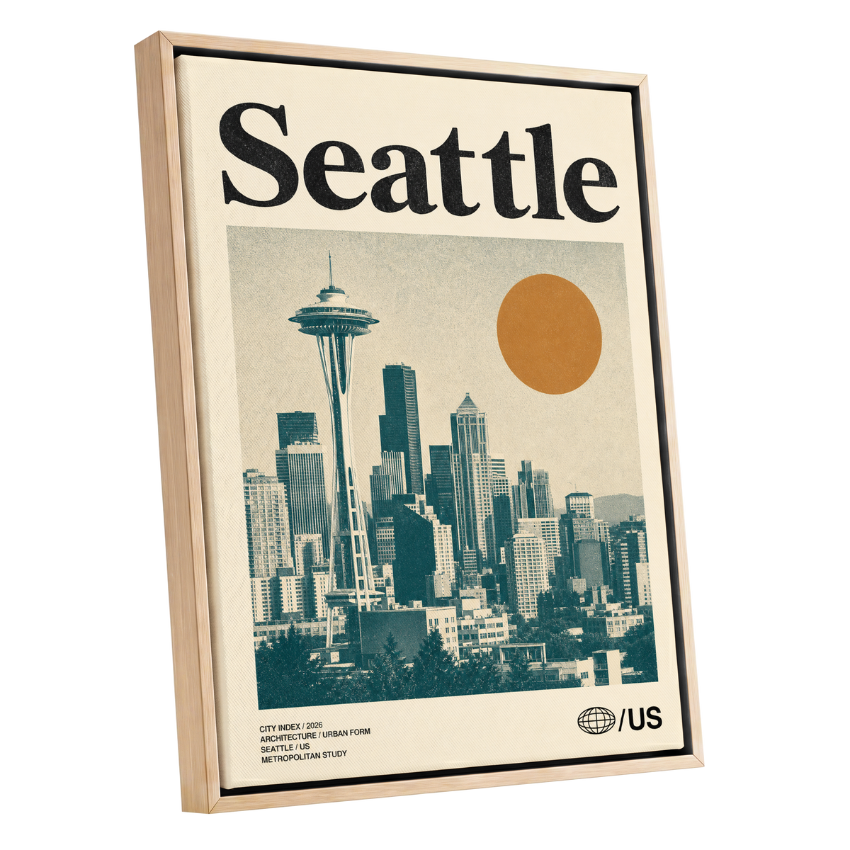 Seattle Sun Study, beige, green, gold minimalist wall art shown as a oak framed canvas wall art