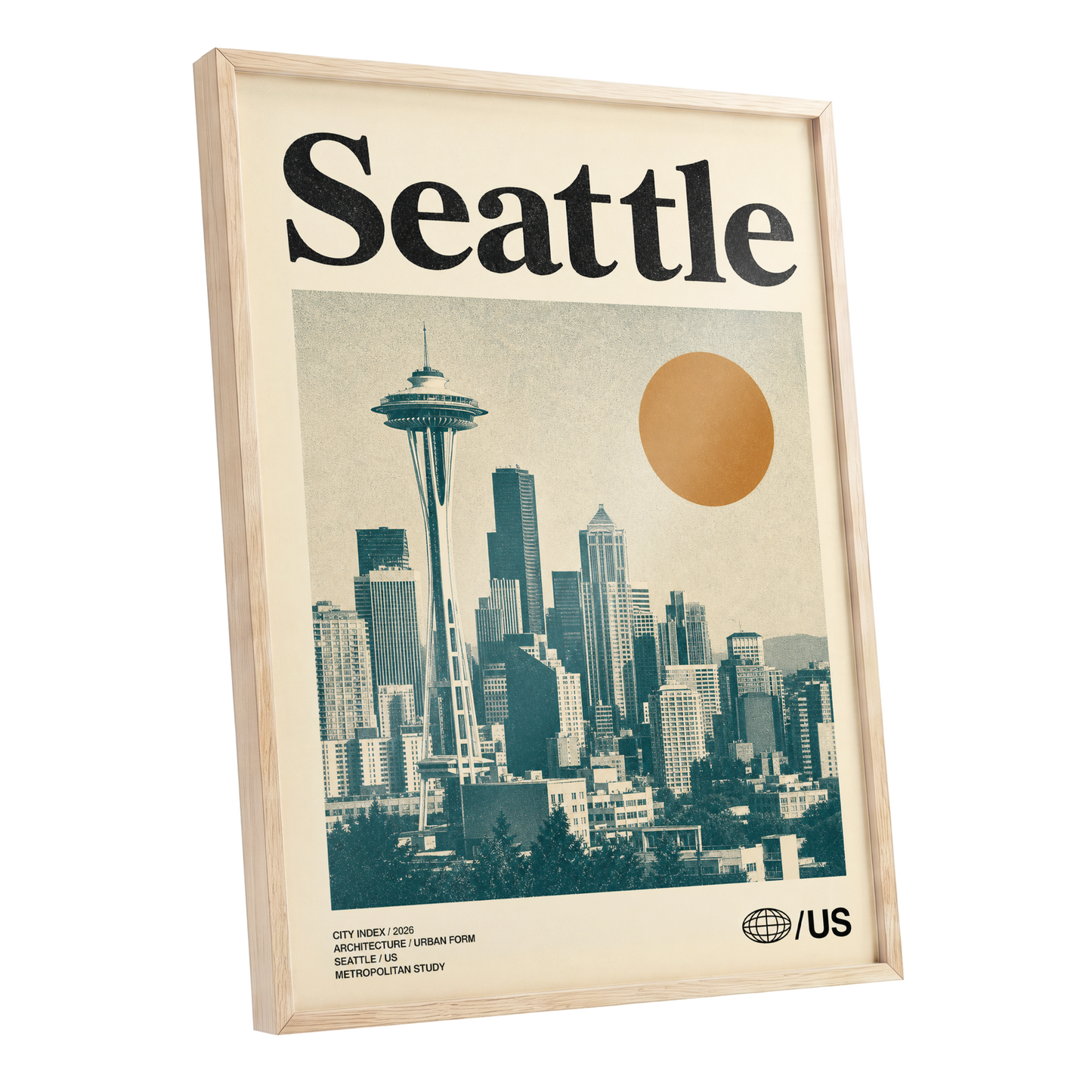 Seattle Sun Study, beige, green, gold minimalist wall art shown as a oak framed poster wall art print